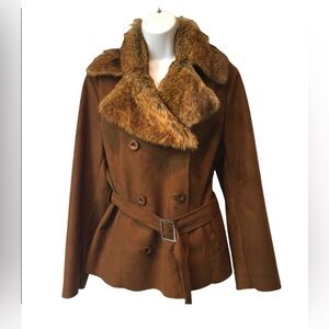 Chico's faux suede and faux fur collar jacket in a brown/cognac color size 1